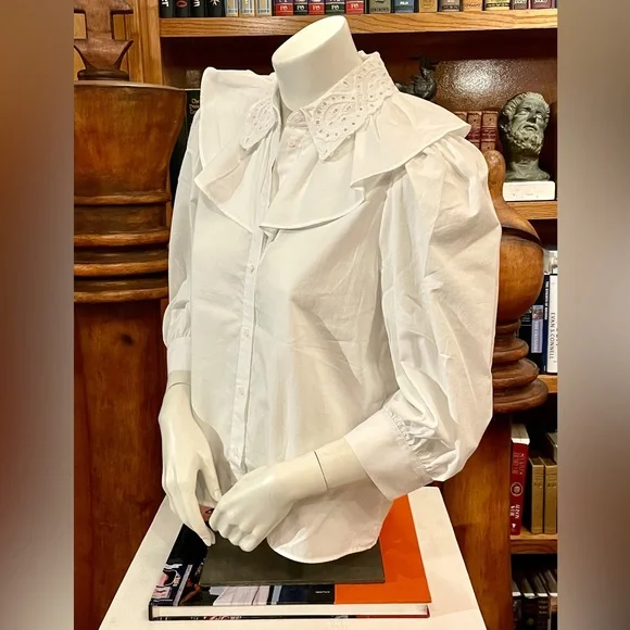 ZARA 100% Eco Cotton - Victorian Ruffle Collar White Blouse - Picture 3 of 8